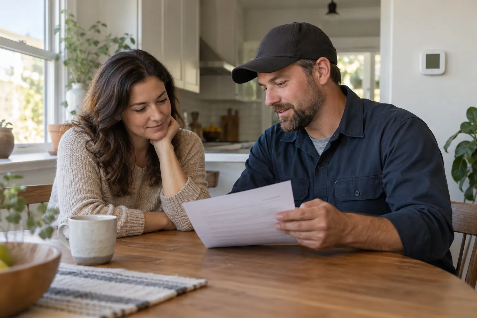 A homeowner reviewing a written quote with a local HVAC provider in the DISH area